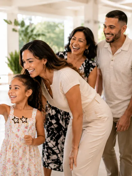 A girl and three adults in one family laughing together at a bright daytime celebration, the girl reaching toward the booth off frame.